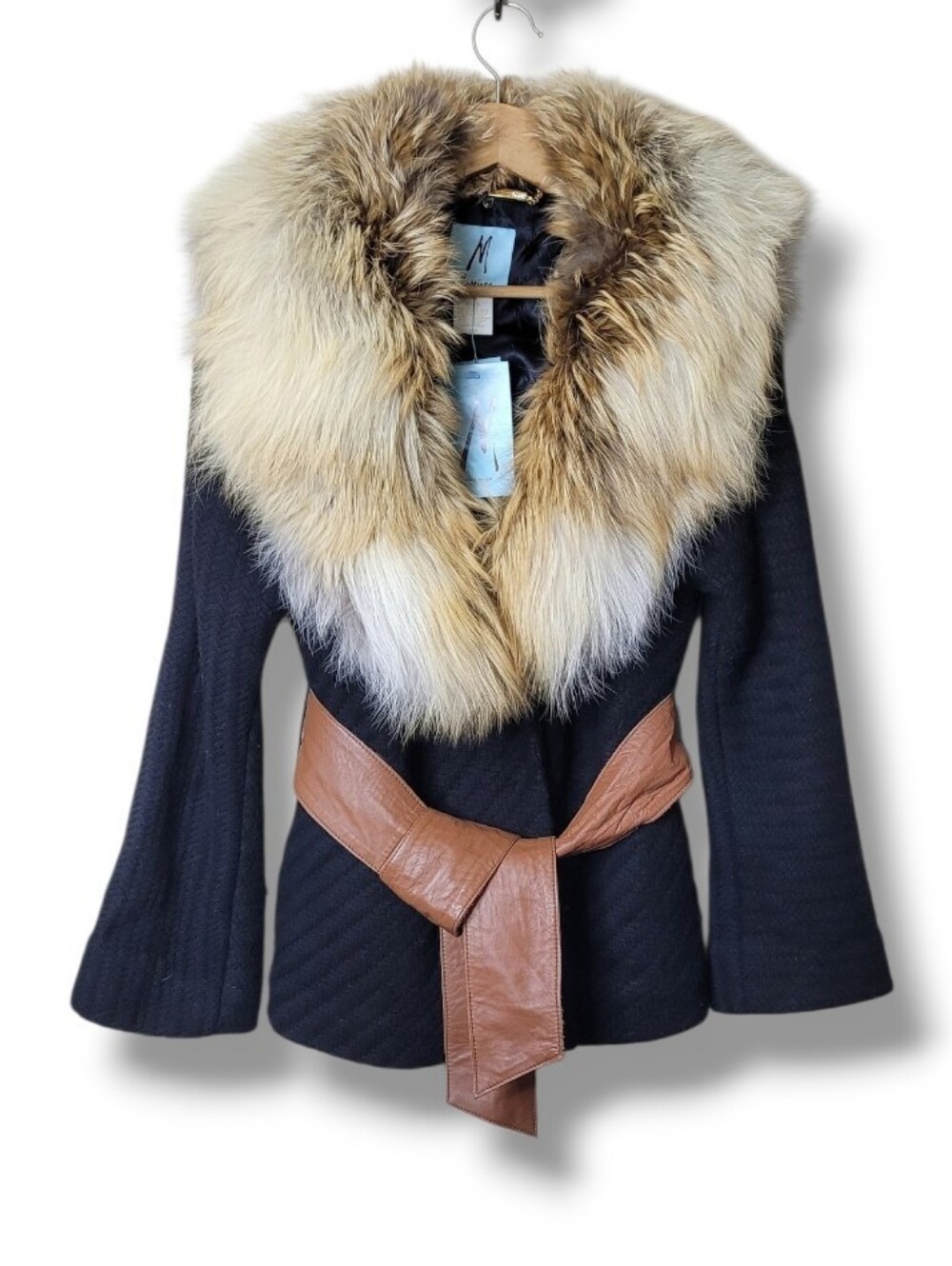 Marciano Wool Coat Red Fox Fur Collar Leather Belt NWT